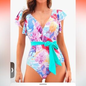 S (M good) NWT DEEP PLUNGE FLUTTER SLEEVE TIE BELT ONE PIECE SWIMSUIT